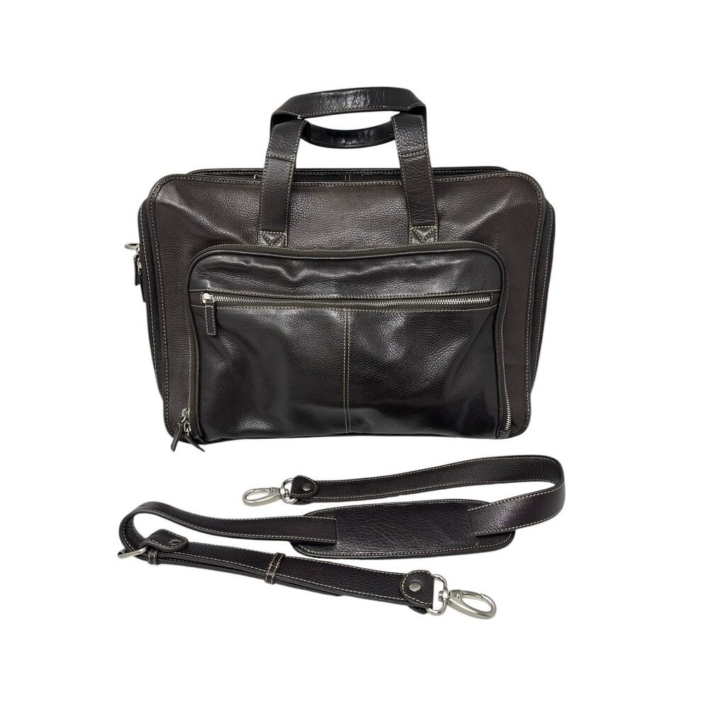 Levenger Brown Full Leather 17" Laptop Briefcase Carry-On Travel Bag Excellent